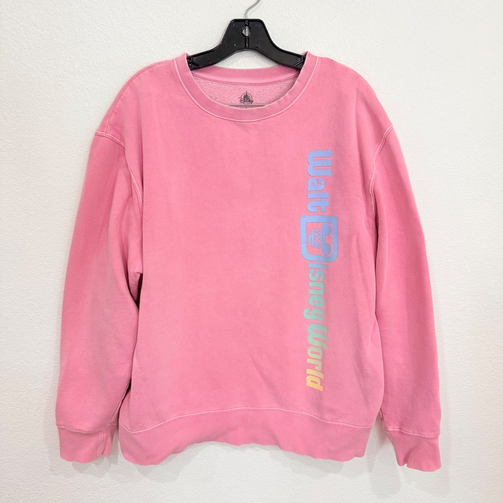 Disney World Pink Crewneck Sweatshirt Womens Large Rainbow Logo Pullover
